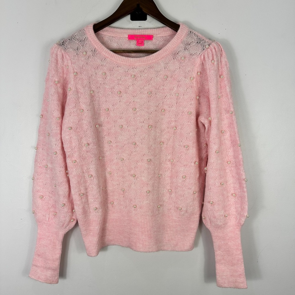 Lilly Pulitzer Pink Pearl Sweater Womens‎ Small Puff Sleeve Coquette Dainty